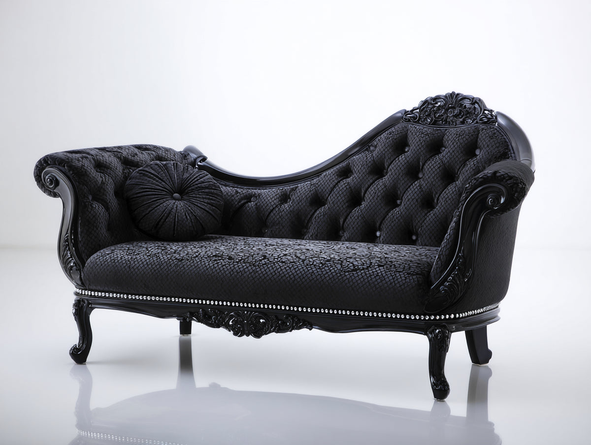 Chaise longue - velours-bois - 173x80x100 cm - noir - style rococo classique