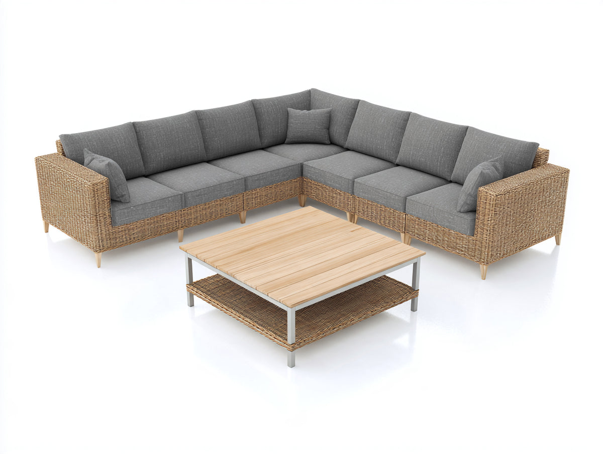 Canapé de jardin - résine tressée-bois-tissu - 278x278x79 cm - gris-naturel - style contemporain
