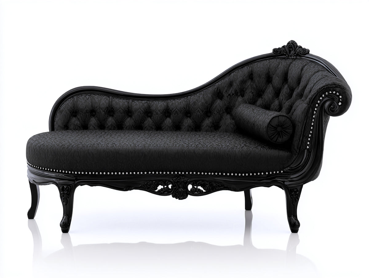 Chaise longue - velours-bois - 177x77x101 cm - noir - style rococo baroque